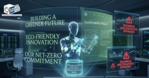 อินโฟกราฟิกแสดง 3 สัญญาณ Algorithmic Greenwashing ใน AI ได้แก่ AI ไม่ถามบริบทก่อนให้คำแนะนำ การประเมินเกินขอบเขต และการใช้ภาษาคลุมเครือแบบรายงานความยั่งยืน