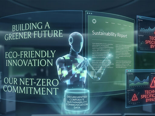 อินโฟกราฟิกแสดง 3 สัญญาณ Algorithmic Greenwashing ใน AI ได้แก่ AI ไม่ถามบริบทก่อนให้คำแนะนำ การประเมินเกินขอบเขต และการใช้ภาษาคลุมเครือแบบรายงานความยั่งยืน