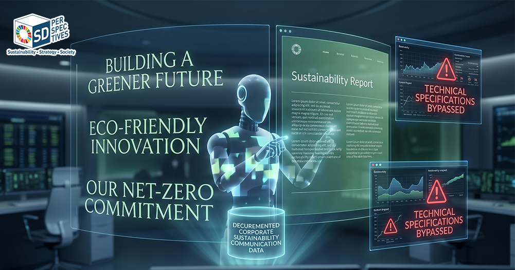 อินโฟกราฟิกแสดง 3 สัญญาณ Algorithmic Greenwashing ใน AI ได้แก่ AI ไม่ถามบริบทก่อนให้คำแนะนำ การประเมินเกินขอบเขต และการใช้ภาษาคลุมเครือแบบรายงานความยั่งยืน