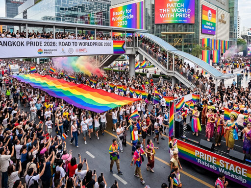 ขบวน Bangkok Pride 2026 บนถนนพระราม 1 ใจกลางกรุงเทพฯ พร้อมธงสีรุ้งและผู้ร่วมงานจำนวนมาก สะท้อนความหลากหลายทางเพศและเป้าหมายสู่ WorldPride 2030