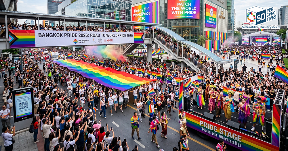 ขบวน Bangkok Pride 2026 บนถนนพระราม 1 ใจกลางกรุงเทพฯ พร้อมธงสีรุ้งและผู้ร่วมงานจำนวนมาก สะท้อนความหลากหลายทางเพศและเป้าหมายสู่ WorldPride 2030