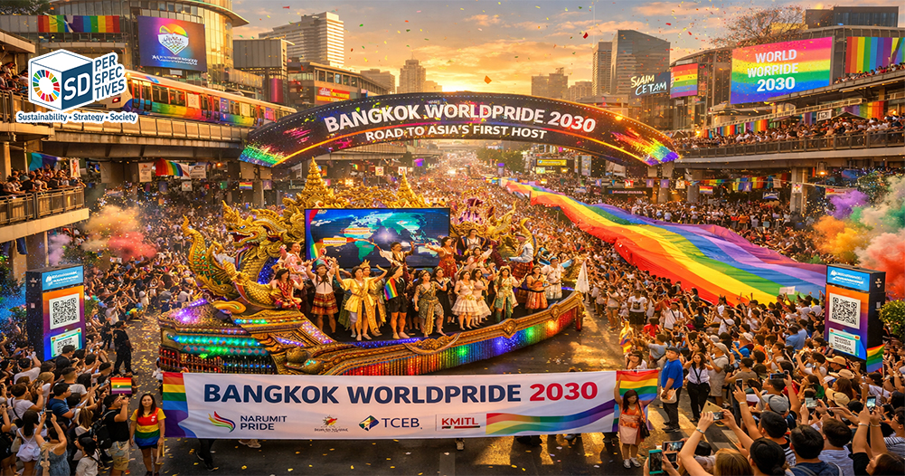 ภาพกิจกรรม Road to Bangkok WorldPride 2030 แสดงความร่วมมือของหลายภาคส่วน พร้อมสัญลักษณ์ Pride และแนวคิดความยั่งยืนในประเทศไทย