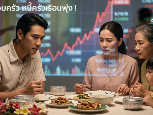 ครอบครัวไทยหลายวัยกำลังนั่งคุยเรื่องค่าใช้จ่ายและหนี้ครัวเรือนในช่วงเศรษฐกิจตึงตัว สะท้อนปัญหาค่าครองชีพสูงในปี 2569