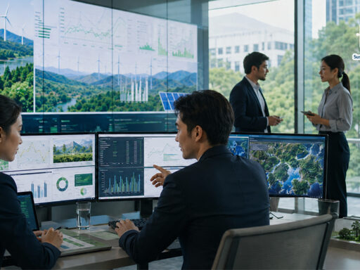 คนการเงินยุคใหม่กำลังวิเคราะห์ข้อมูล ESG, Climate Risk, Nature Risk และ AI Investment Dashboard ในสำนักงานการเงินสมัยใหม่