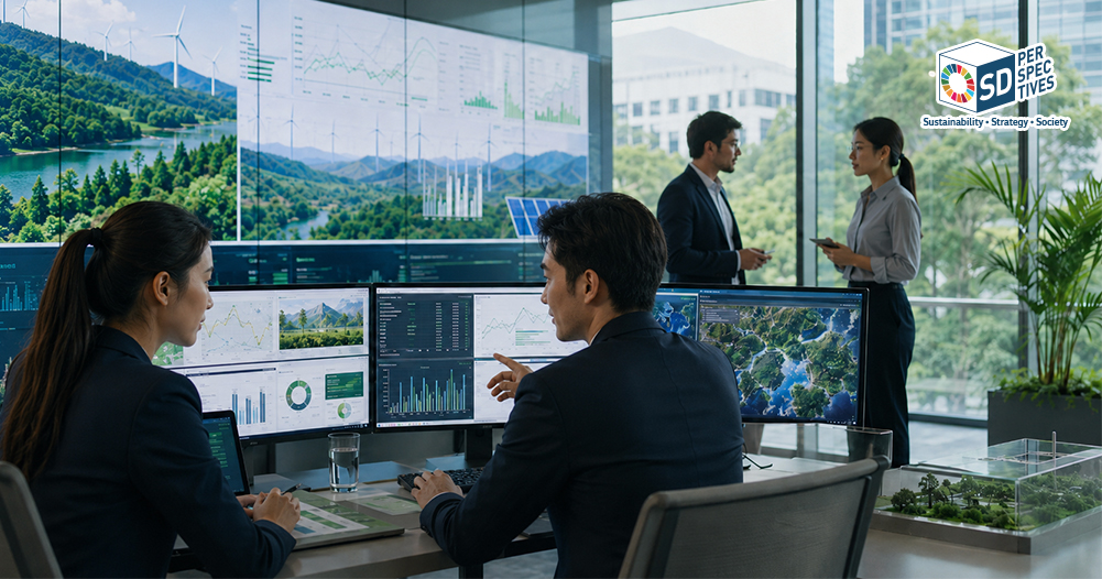 คนการเงินยุคใหม่กำลังวิเคราะห์ข้อมูล ESG, Climate Risk, Nature Risk และ AI Investment Dashboard ในสำนักงานการเงินสมัยใหม่