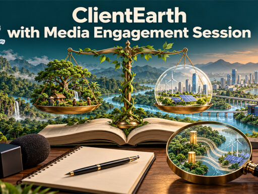ภาพเชิงสัญลักษณ์ ClientEarth แสดงตาชั่งยุติธรรม ป่าไม้ ชุมชน พลังงานสะอาด และอุปกรณ์สื่อ สะท้อนกฎหมายสิ่งแวดล้อมและการตรวจสอบเงินทุนสีเขียว SD Perspectives : ESG & Business Strategy Media in Thailand
