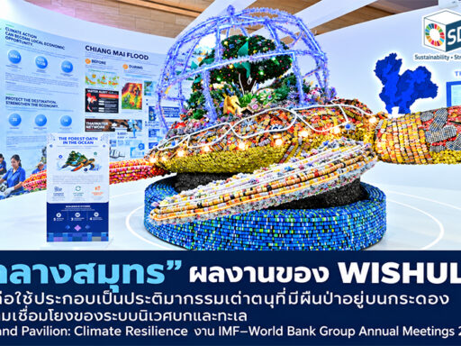 “ป่ากลางสมุทร” ผลงานของ WISHULADA ใช้วัสดุเหลือใช้ประกอบเป็นประติมากรรมเต่าตนุที่มีผืนป่าอยู่บนกระดอง สื่อสารความเชื่อมโยงของระบบนิเวศบกและทะเล ภายใน Thailand Pavilion: Climate Resilience งาน IMF–World Bank Group Annual Meetings 2026 กรุงเทพฯ